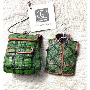 Giftcraft Green Plaid Mini Backpack & Vest Christmas Tree Ornament Set *NWT